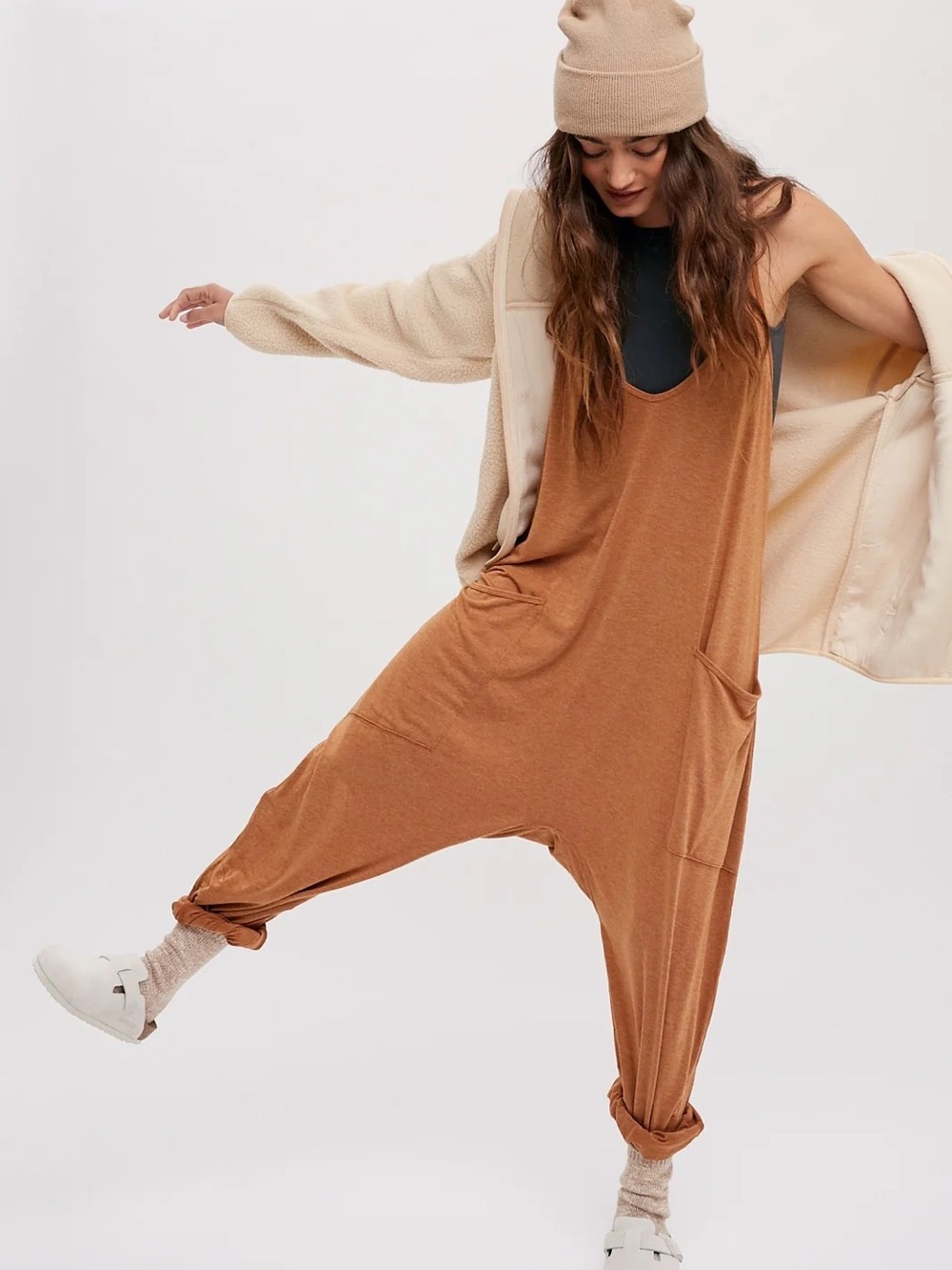 Free People FP Movement Hot Shot Onesie Barrel Jumpsuit Light Brown M
